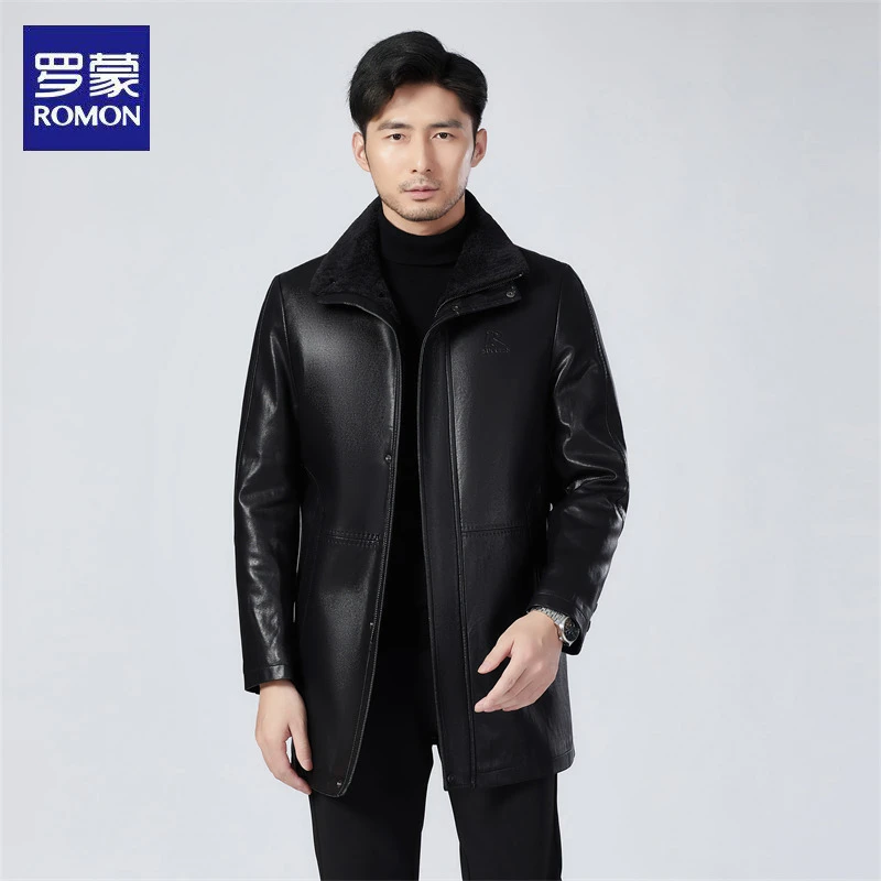 Romon/罗蒙冬季新款男士皮衣商务翻领加绒加厚休闲中长款外套男