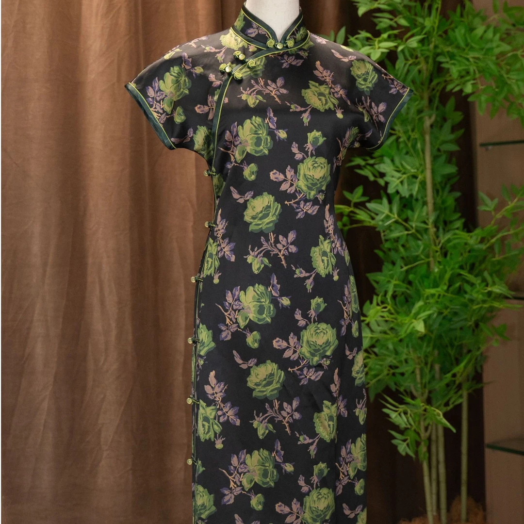 【SY022】绿蔷幽梦连肩袖桑蚕丝香云纱全开襟中国风长款礼服旗袍