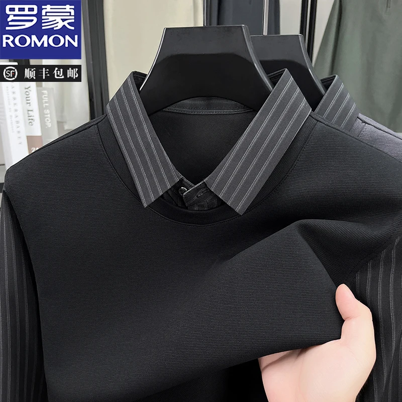 罗蒙棉混纺男士秋季保暖弹力针织衫宽松条纹假两件商务休闲毛衣