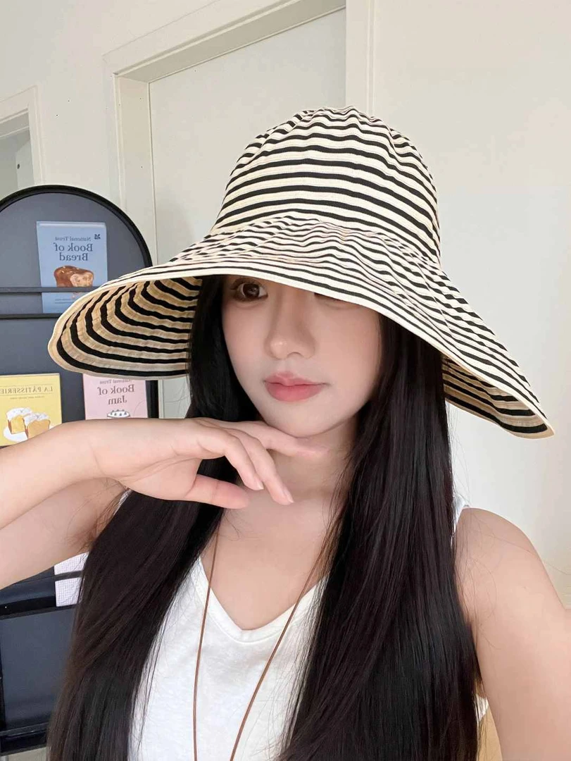 复古条纹渔夫帽女2025新款夏季韩系超大帽檐遮阳帽可折叠防晒帽子