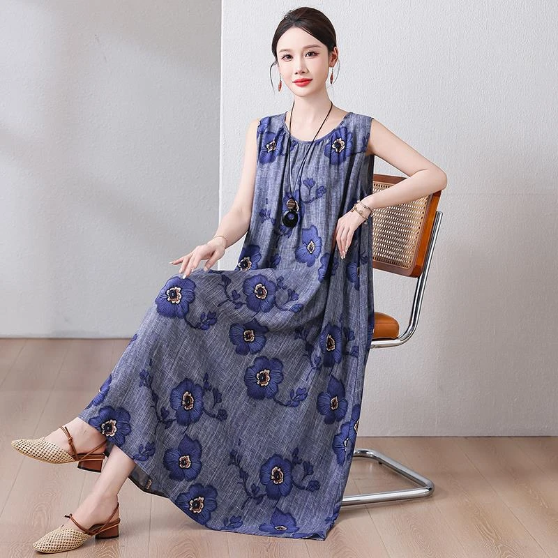 夏季中老年人造棉连衣裙女长款大码家居服睡衣妈妈无袖纯棉绸睡裙