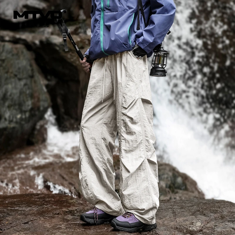 松紧腰直筒休闲裤2025年夏季新款男款户外运动宽松百搭微皱休闲裤