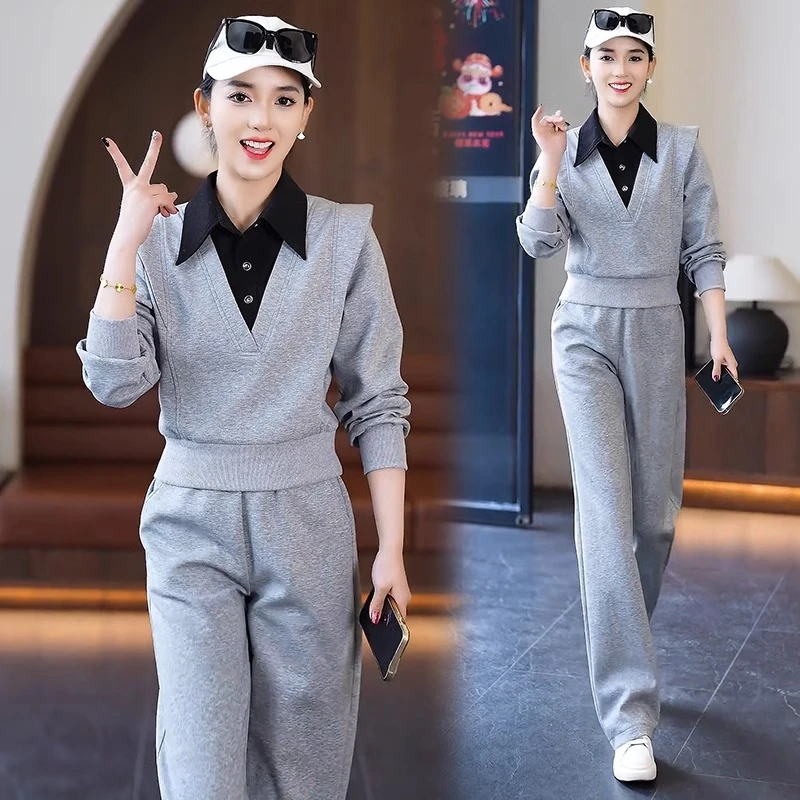 时尚休闲套装女2025春季新款洋气减龄假两件上衣阔腿裤运动两件套