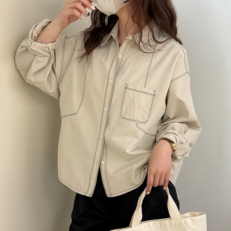 千百蔚春季时尚设计感纯色衬衫休闲复古小众翻领宽松百搭小个子