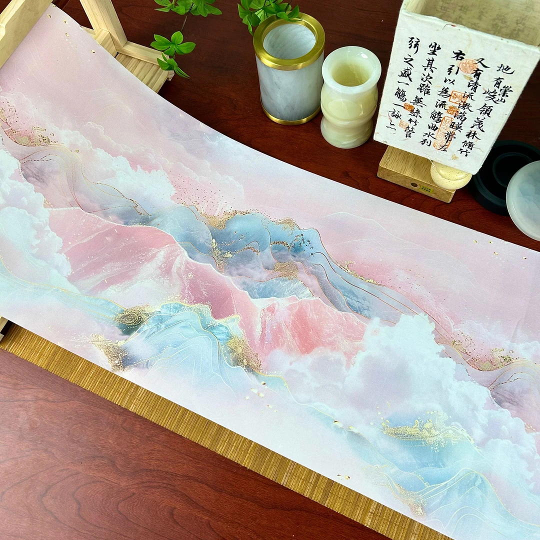 119.【粉色山水长卷】蜡染半生熟34cm*10m一卷