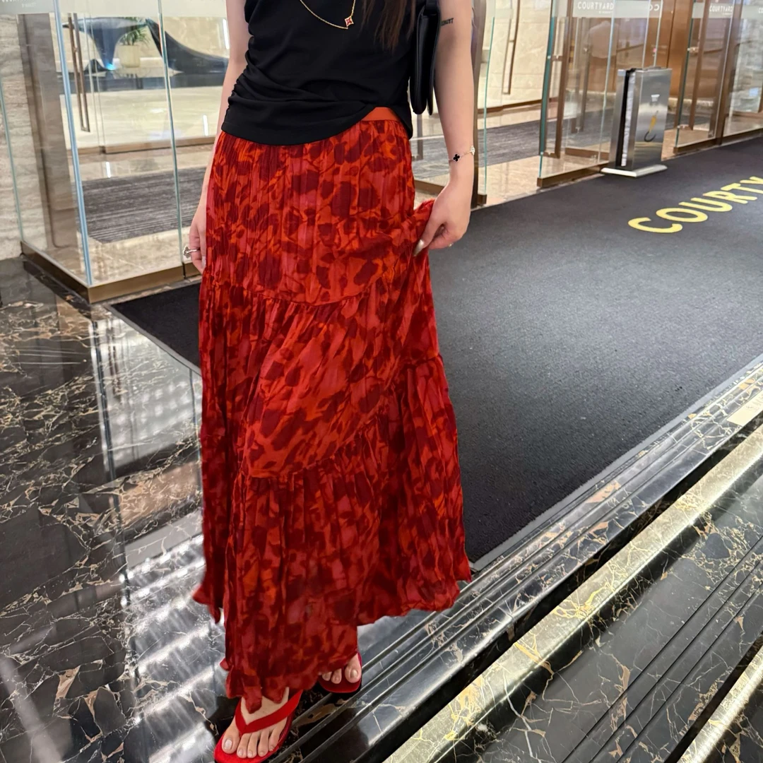 G. yantong/郭彦彤褶皱松紧腰印花大摆裙半裙碎花高腰夏款QZL28