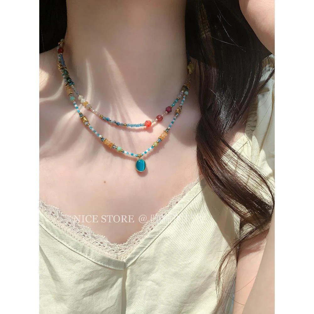 合金项链合金项链晚睡的「玛莎」复古海蓝色项链叠戴锁骨链轻奢