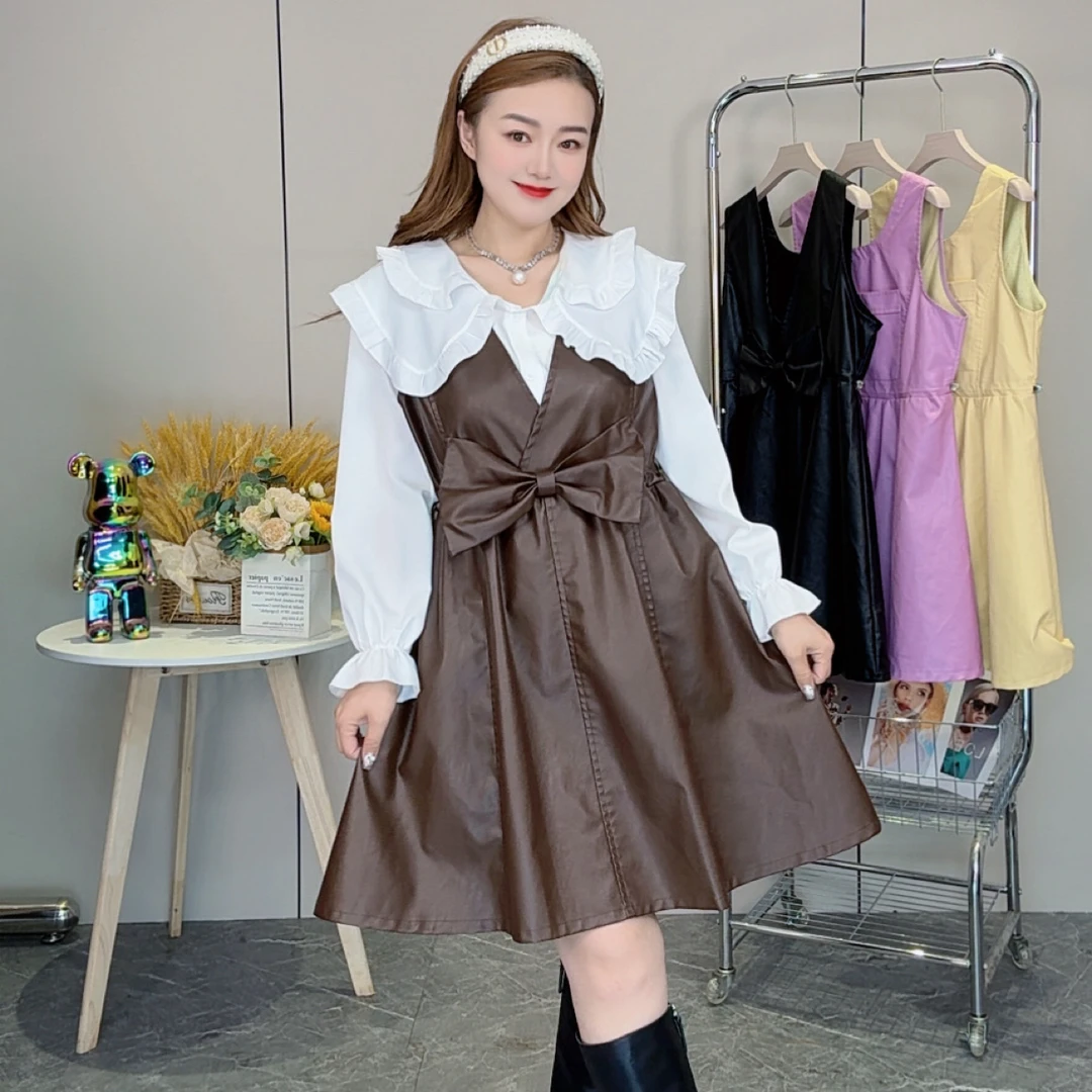 大码胖mm秋季新款蝴蝶结韩版裙收腰显瘦娃娃领套装甜美减龄7203