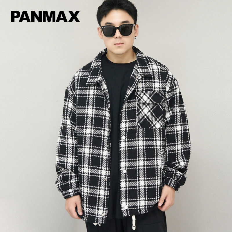 大码男士秋冬黑白格小香风夹克休闲外套毛呢港风翻领格子复古