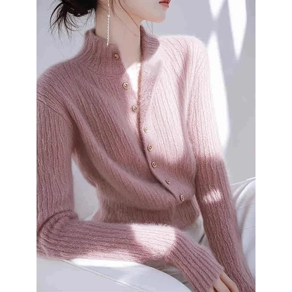 粉色短款立领单排扣毛衣外套女冬季软糯慵懒风休闲外穿针织衫上衣