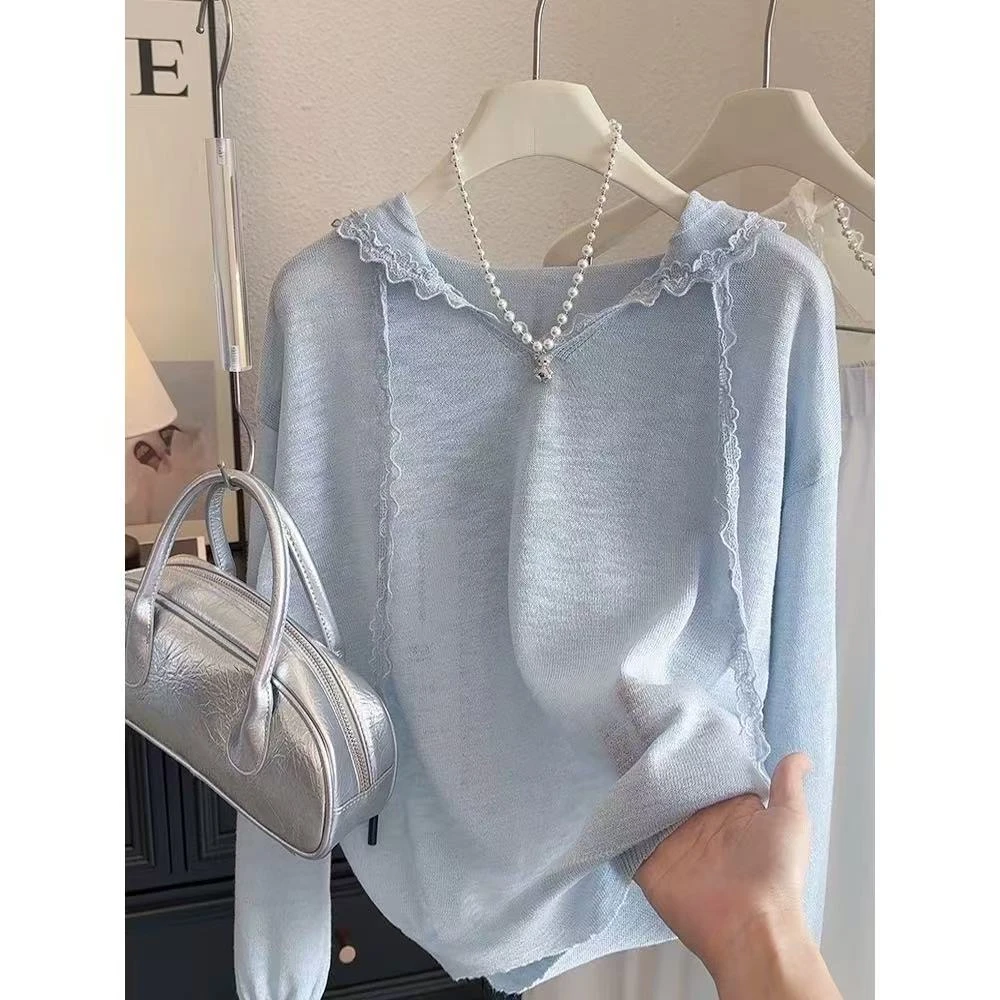 2025春夏季新款韩版时尚百搭连帽纯色针织衫女长袖套头防晒罩衫潮