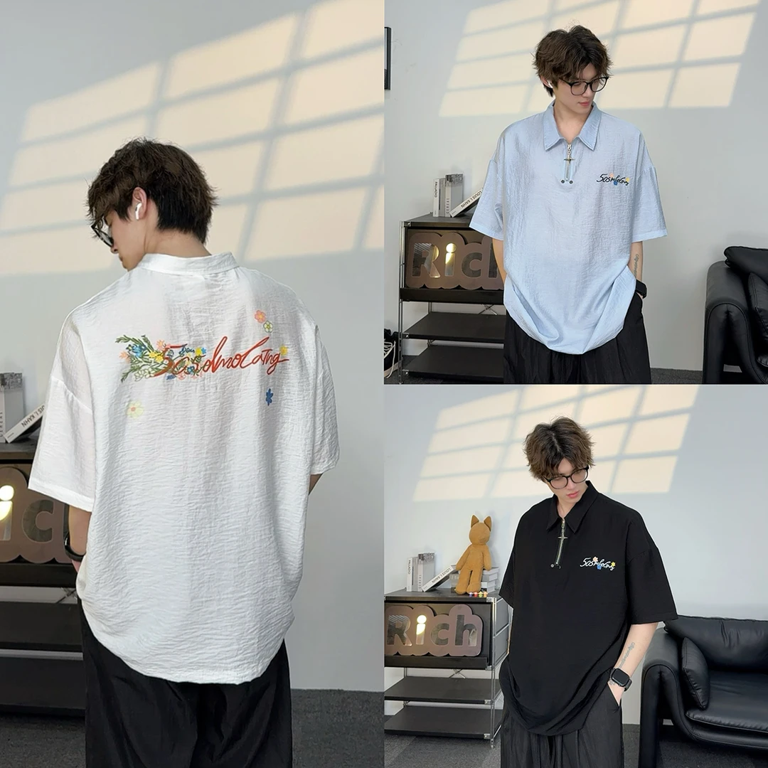 夏季印花冰感褶皱肌理感纯色简约百搭polo衫男女情侣款宽松T恤