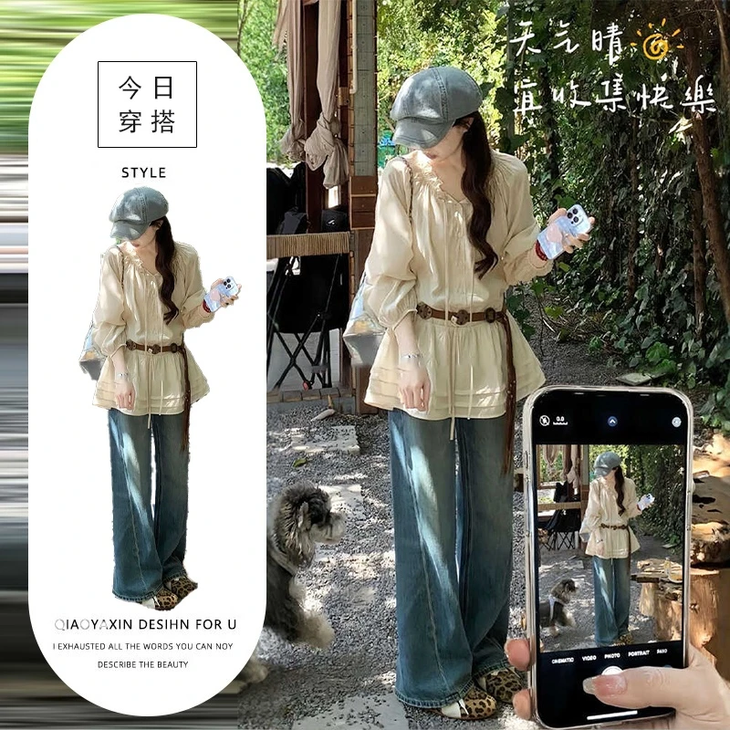一整套ootd穿搭套装大码胖mm木耳边长袖雪纺衬衫阔腿裤巨好看套装