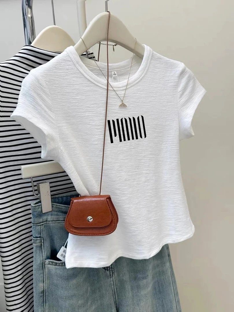 白色圆领卡通简约洋气短款搭阔腿裤时尚上衣休闲夏款女t恤T恤打底