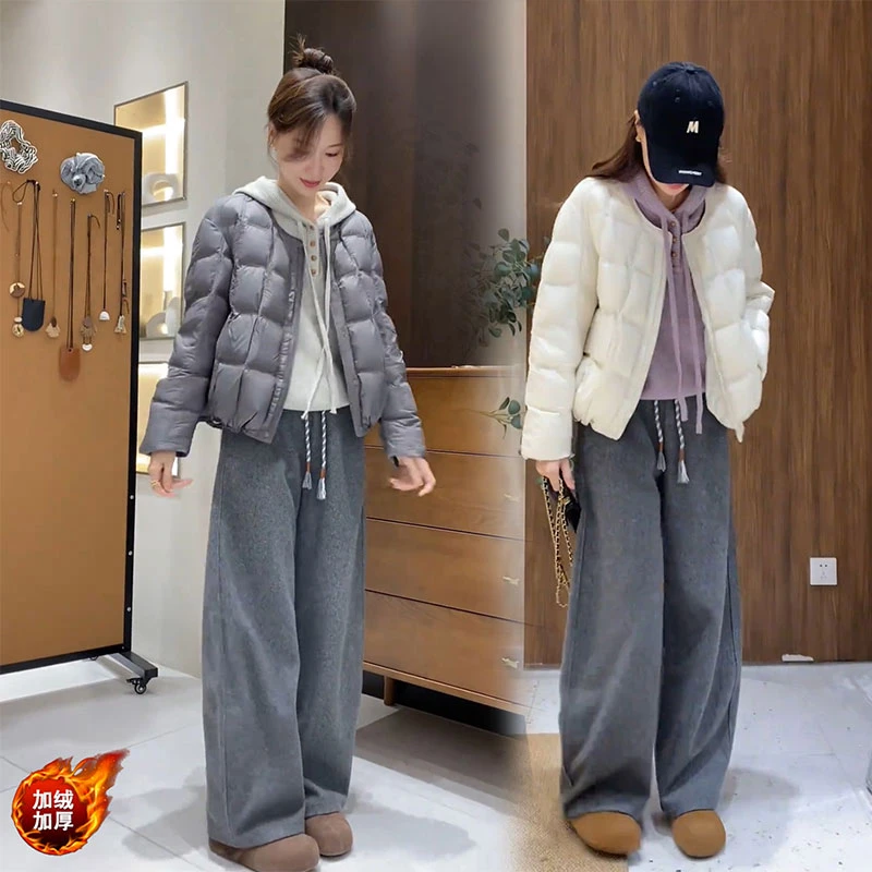 秋冬季百搭慵懒风长款加绒休闲裤子短款圆领长袖棉服外套两件套装