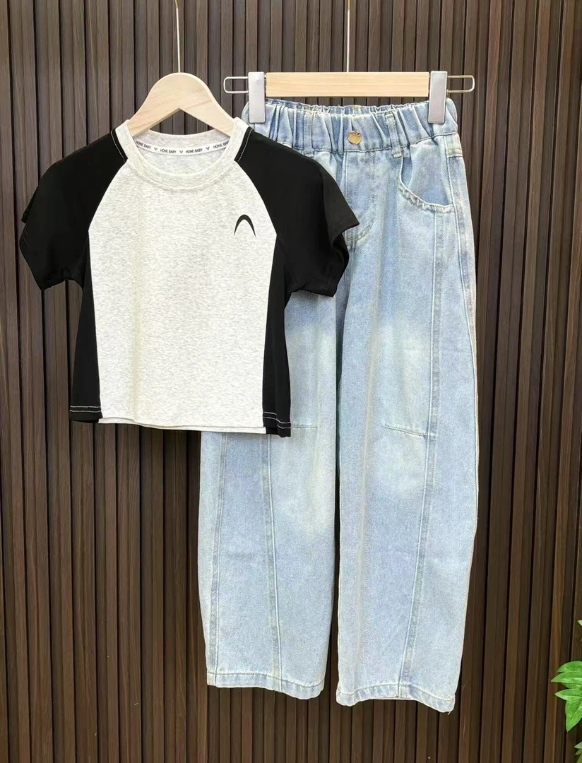 女童短袖套装夏季2025新款儿童潮牛仔弯刀裤两件套洋气T恤百搭
