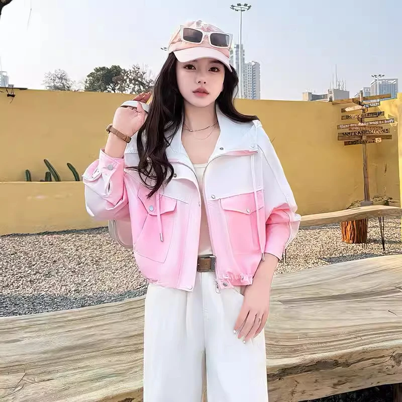 渐变色连帽工装外套女2025春装新款设计感小众休闲小个子冲锋衣潮