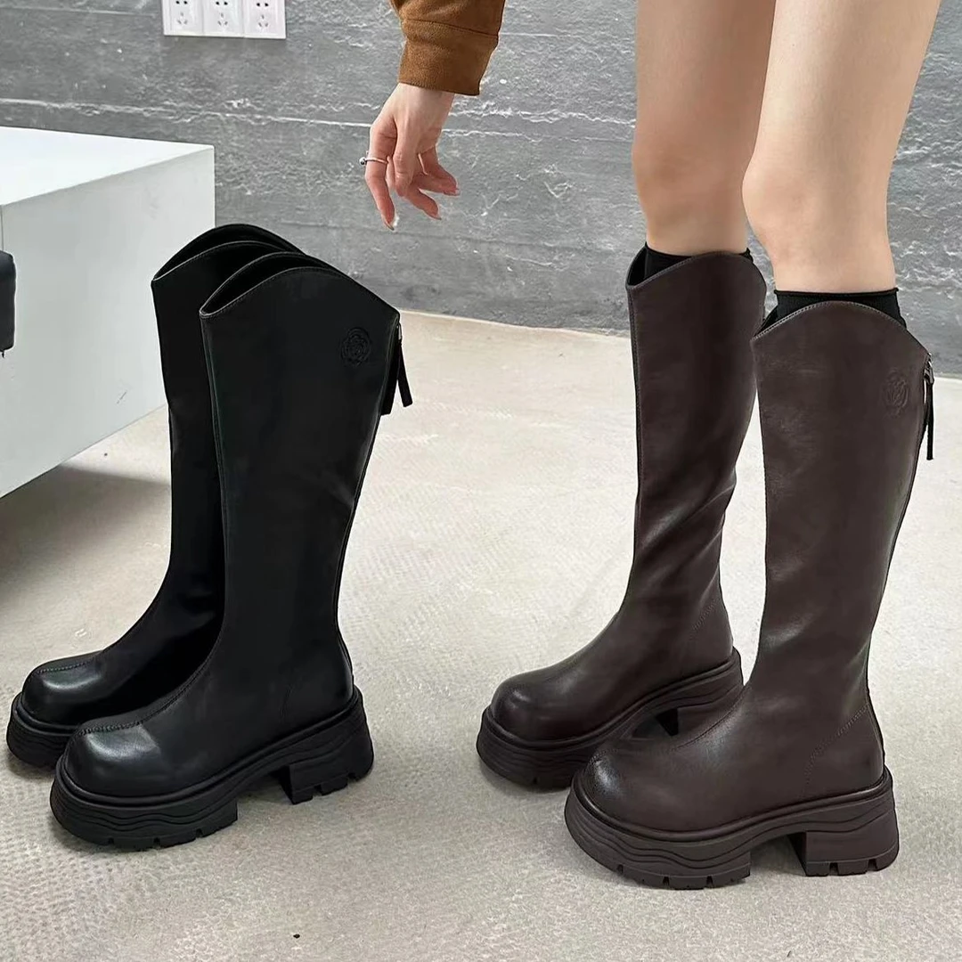 小个子瘦瘦靴复古软皮厚底粗跟不过膝骑士靴 A2318