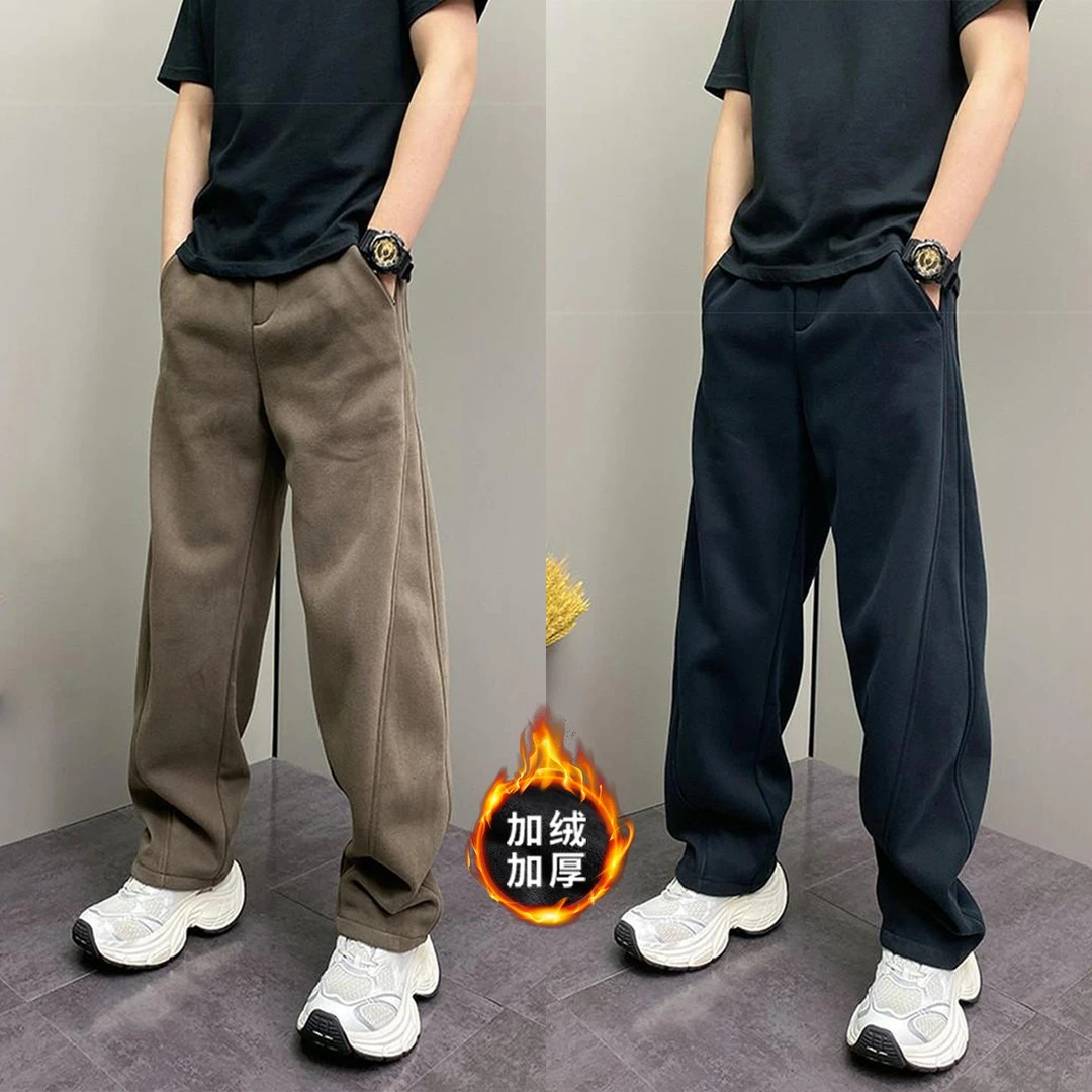 潮牌痞帅阔腿弯刀裤子男冬季新款加绒加厚简约百搭直筒休闲运动裤