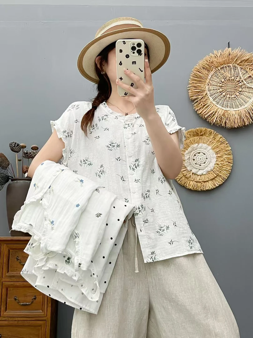 2025夏季新款木耳边小飞袖双层纱全棉衬衫休闲时尚印花衬衣66251