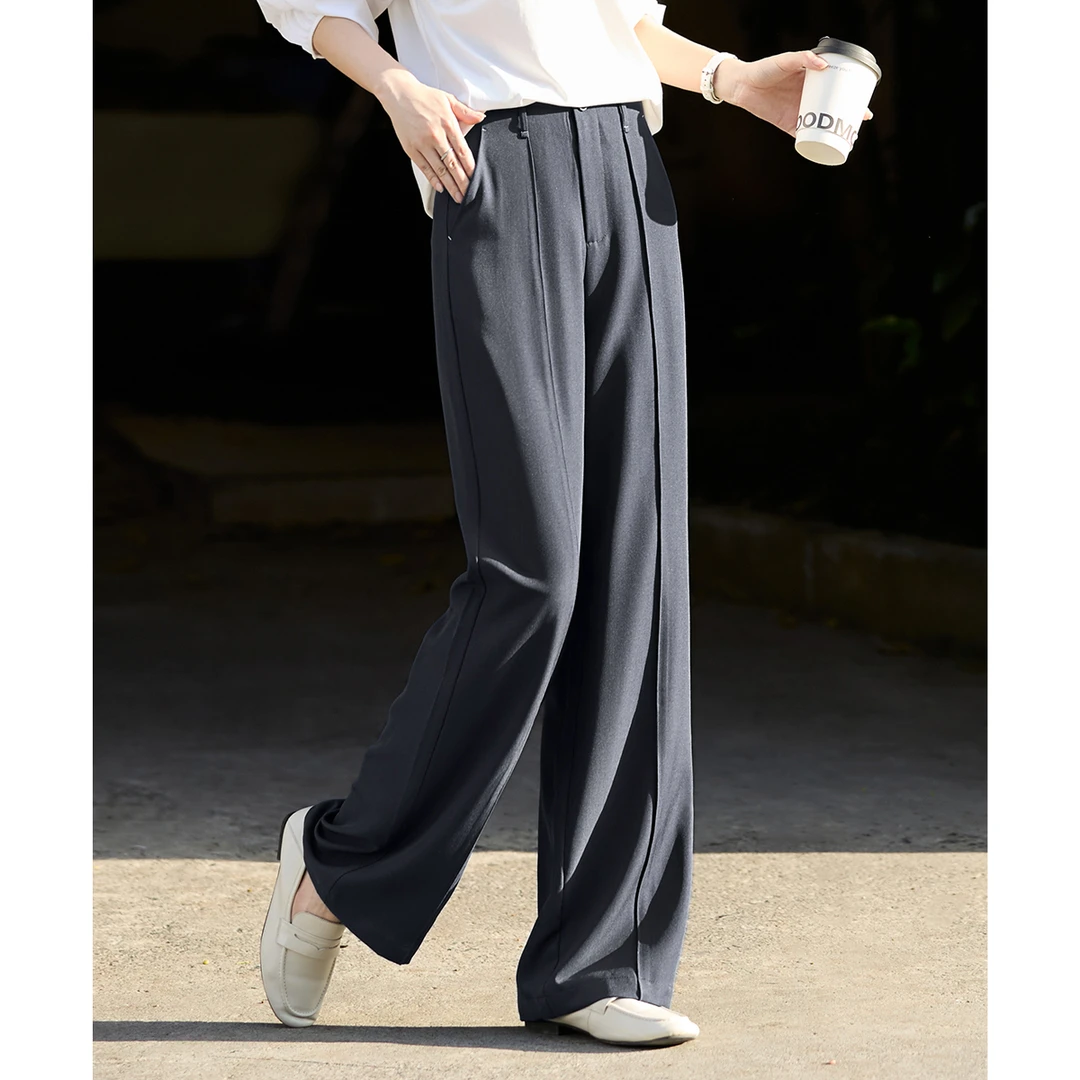 XWI/欣未2025夏款简约百搭撞色直筒分割高腰通勤西装休闲裤5B002