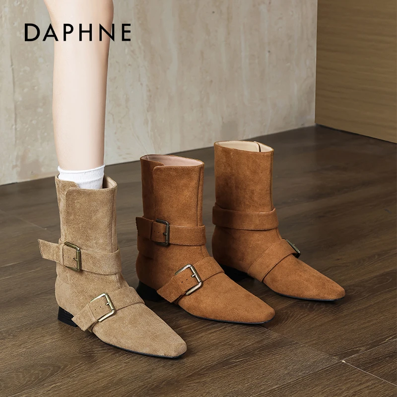 达芙妮西部靴女2025新款秋季复古法式绒面尖头粗跟中筒靴子美拉德