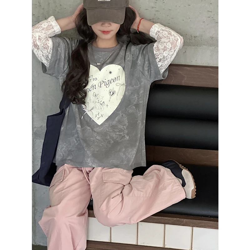 K28367蕾丝拼接女童长袖T恤2025春装新款儿童上衣打底衫春秋衣服t