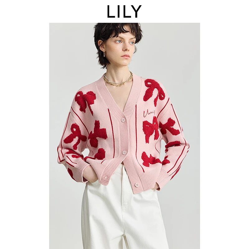 LILY2025冬新款女装含莫代尔羊毛立体蝴蝶结针织开衫125409TC947