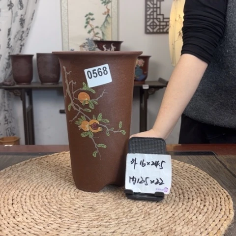 紫砂花盆海*两只圆斗笠石榴手绘0568