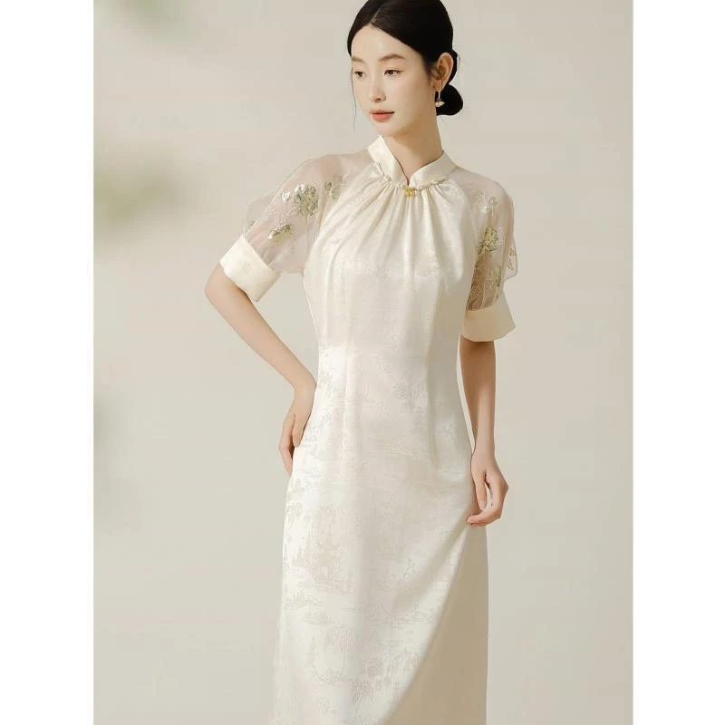 拾白月绫 新中式优雅高级感拼接珠绣醋酸提花国风文艺长裙SU3686