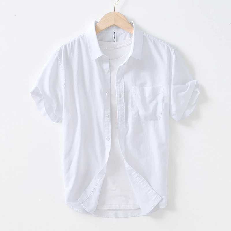 夏季新款清新纯色文艺简约方领衬衣棉麻质感休闲短袖衬衫通勤男士
