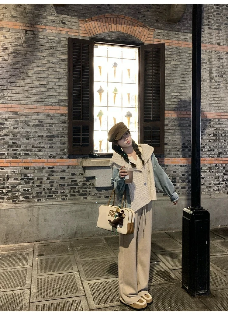 9637秋冬新款简约通勤时尚百搭气质小众宽松抽绳直筒休闲裤