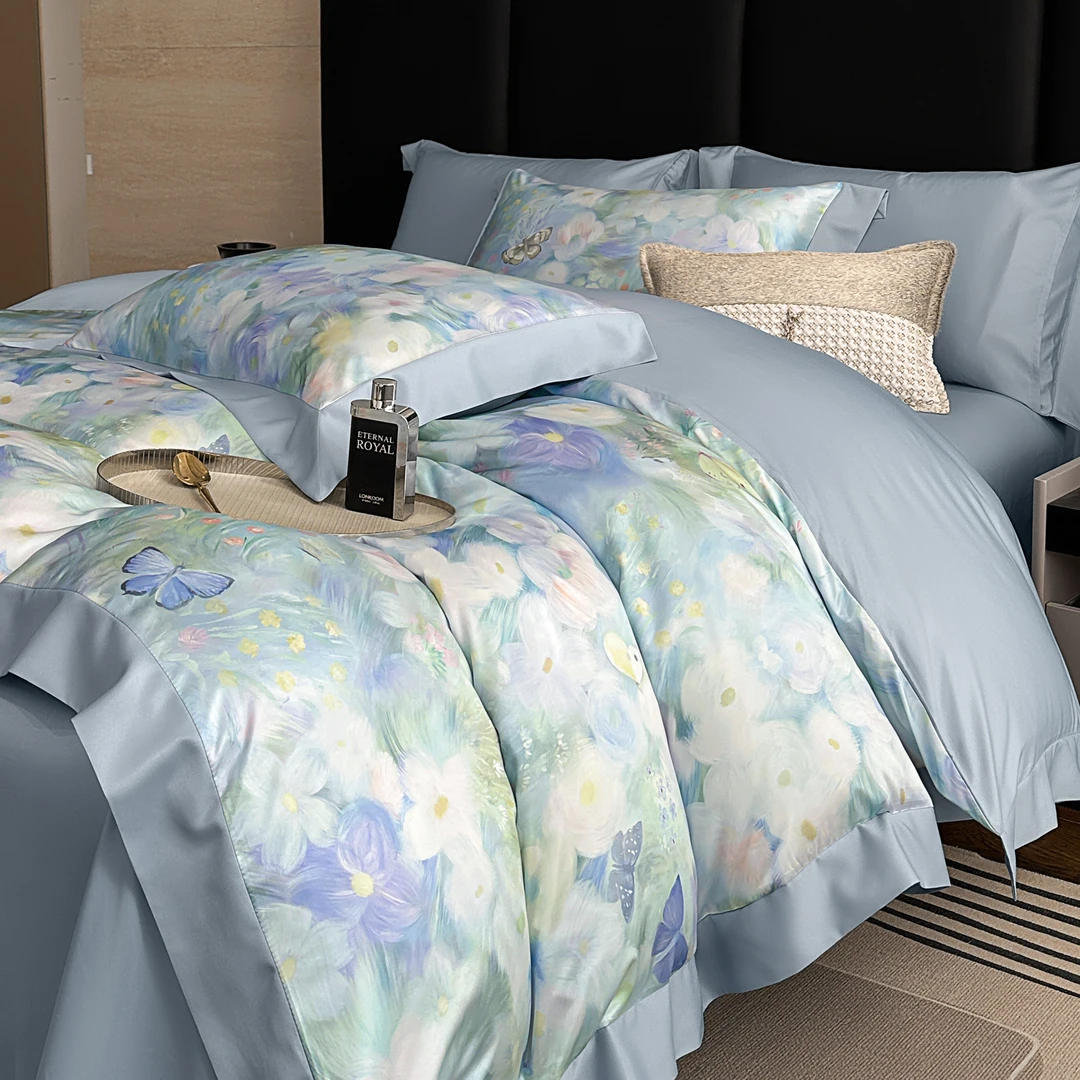 2025新款欧式风拼角印花被套四件套春夏季高档水洗冰丝床单款凉感