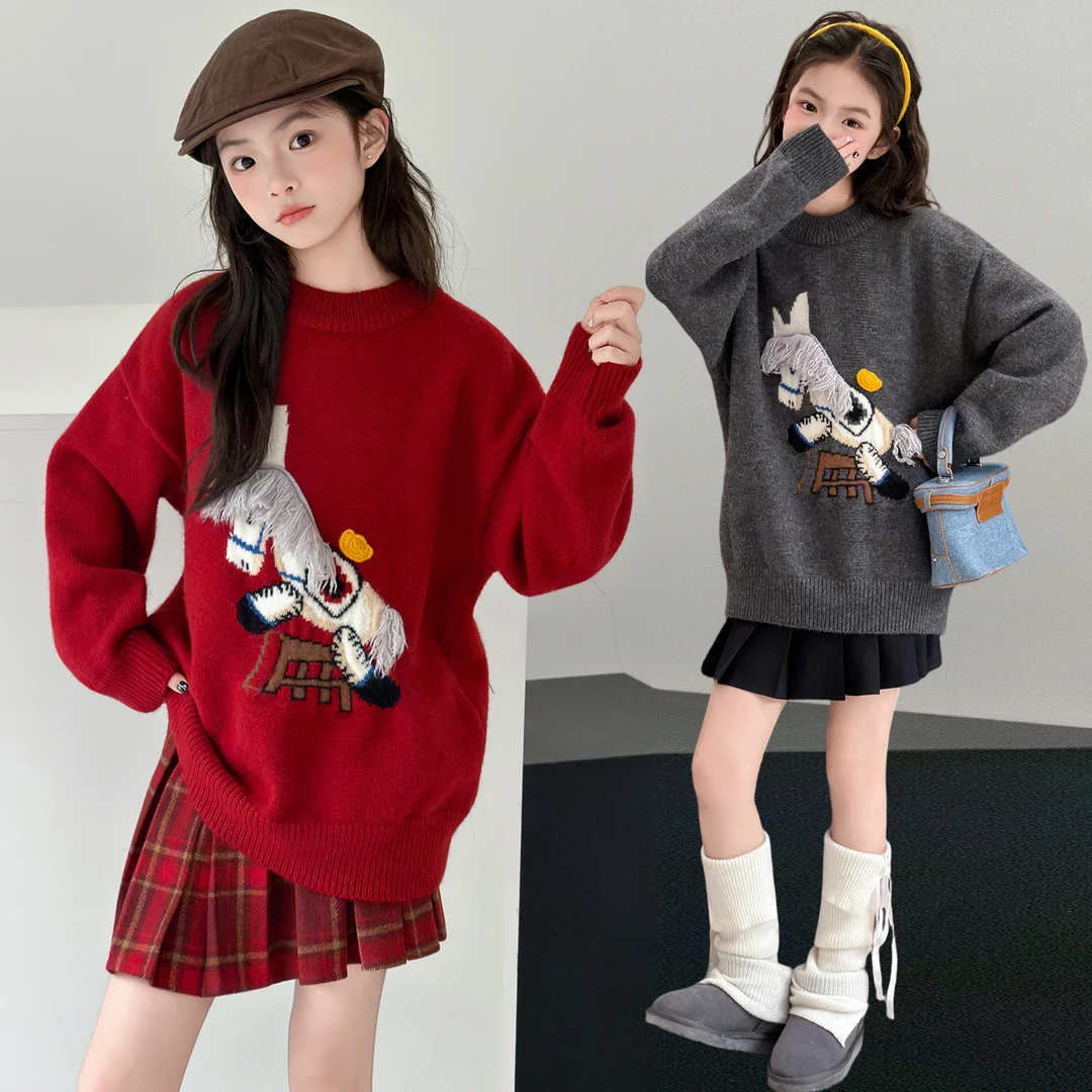【酷哒仔】女童氛围感小马针织毛衣2025冬装中大童学生女孩子毛衣潮