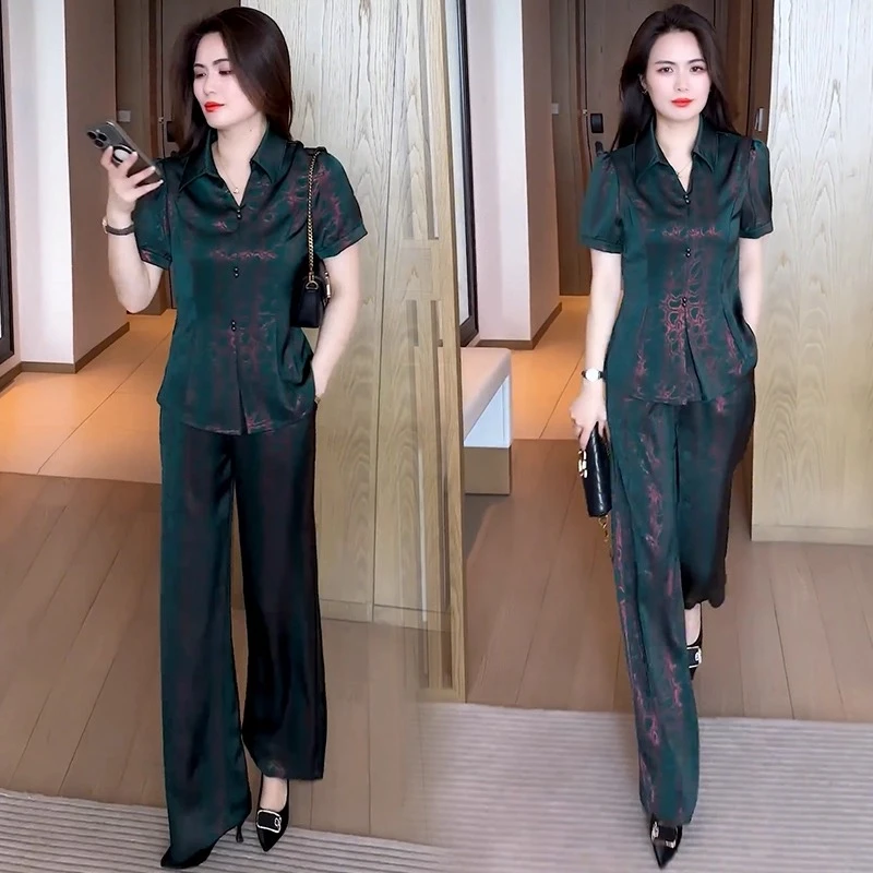 拉夏贝尔时尚套装女2025夏季新款收腰显瘦短袖上衣阔腿裤两件套潮