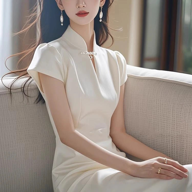 2025夏季新中式国风长裙高端精致绝美白色短袖连衣裙气质显瘦名媛