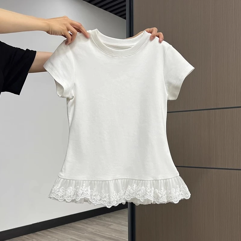 上身超惊艳！甜辣妹蕾丝花边圆领短袖t恤女新款纯欲内搭叠穿打底衫