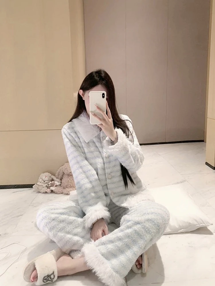 【韩女冬日】韩系甜美条纹秋冬珊瑚绒睡衣女舒适保暖加厚家居服套装