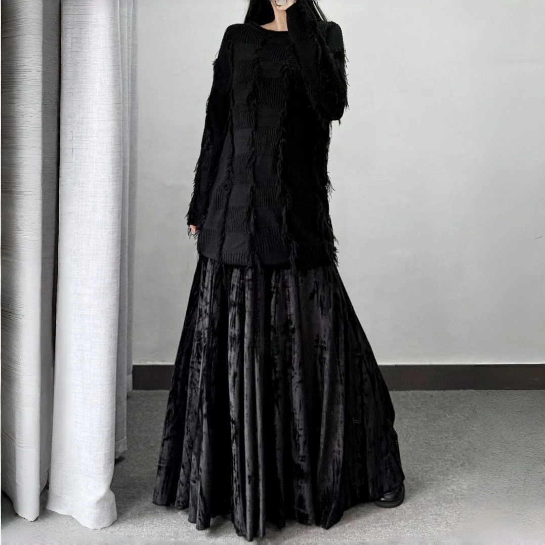 显瘦春秋冬伞裙大裙摆丝绒女半身裙长款高腰遮胯国风加厚长裙子女