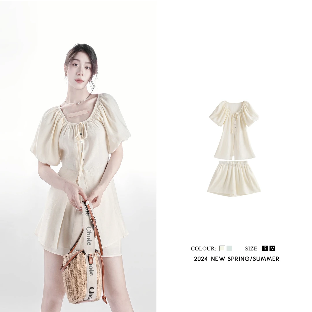 AMANLIN/阿謾琳潮流百搭两件套精品女装泡泡袖系带套装女L592268