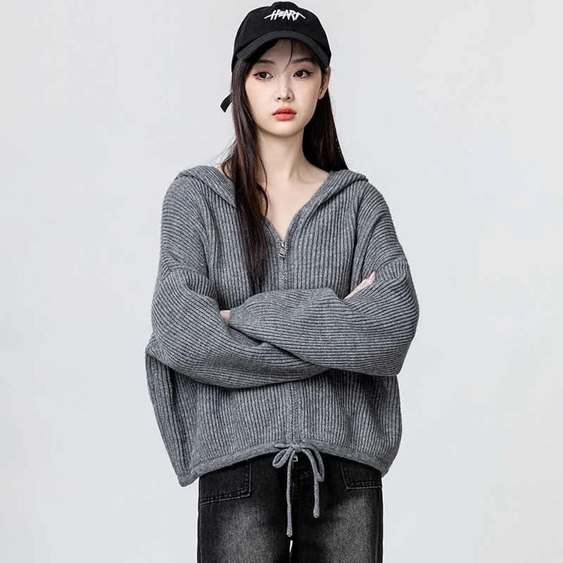 灰色连帽毛衣外套女2025秋冬新款宽松慵懒风双拉链针织开衫短上衣