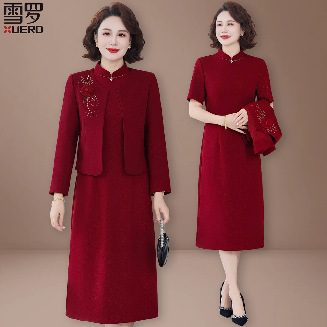 2025新款妈妈秋装国风套装喜婆婆婚宴中老年秋款礼服连衣裙套装女