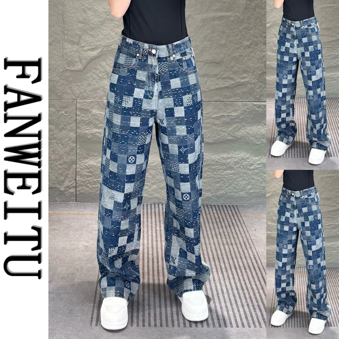 2025秋季新款高端格子潮流设计男士宽松牛仔裤美式大码长裤AC3329