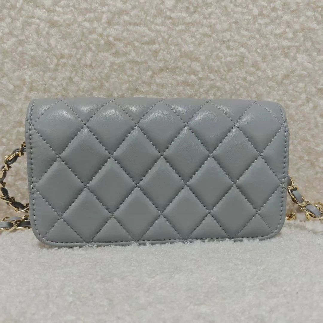 无手工打造女士包手拎钱包灰色17cm大珠链条