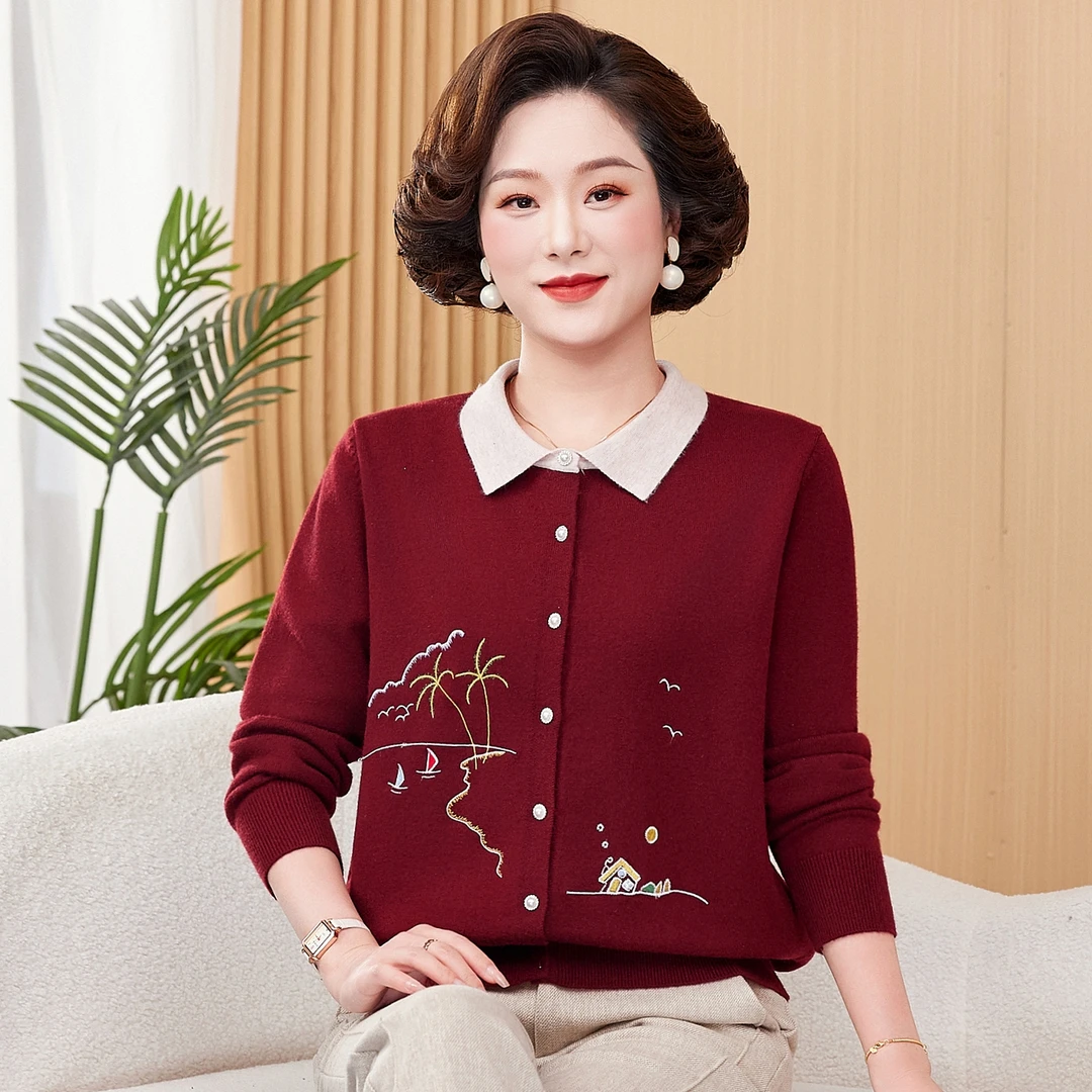 妈妈装针织衫开衫短外套秋季新款长袖针织外套薄款毛衣中老年女装