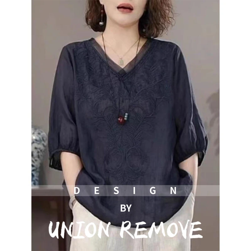 UNION REMOVE苎麻v领短袖T恤女2025新款夏季复古高端刺绣薄款上衣