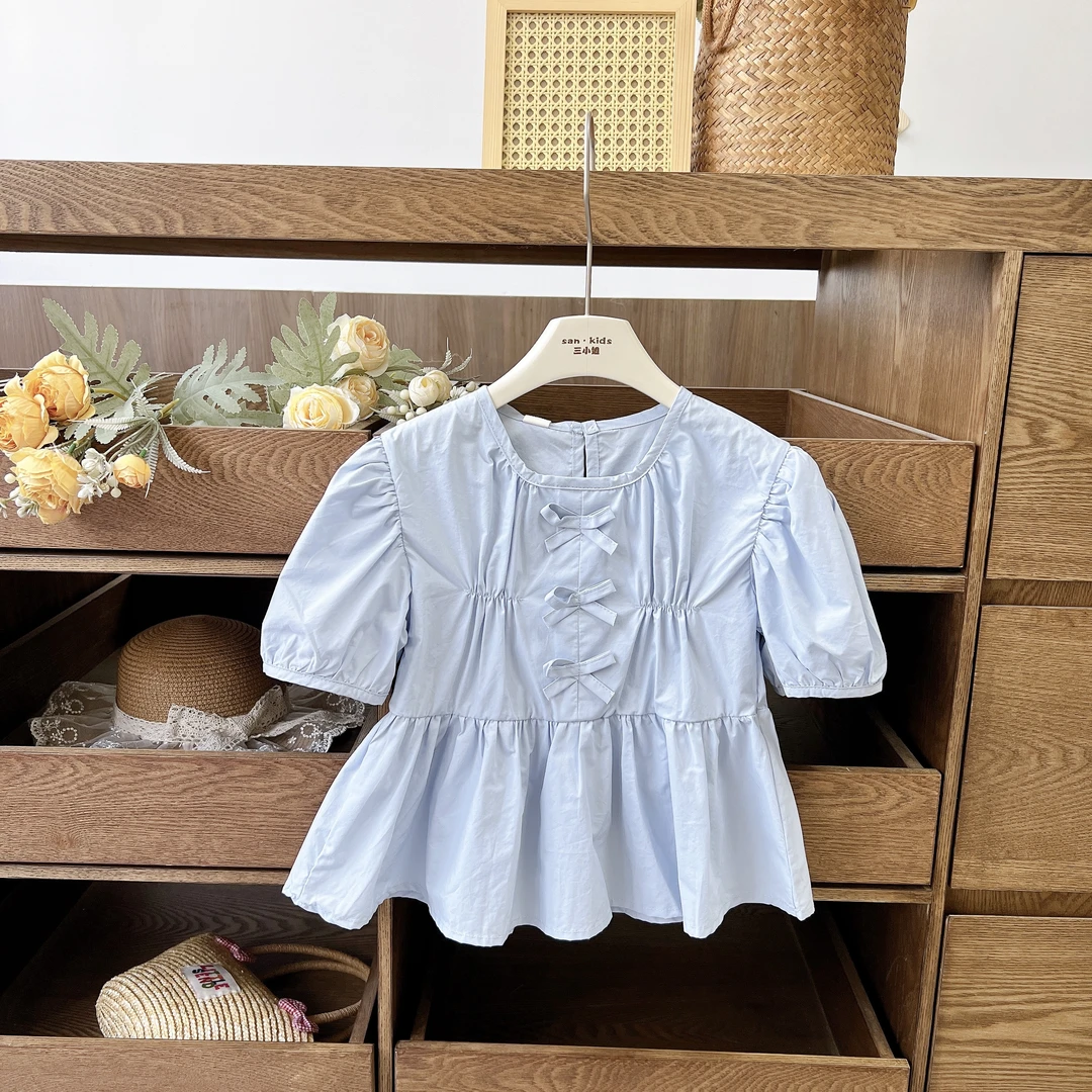 【娃娃衫 上衣】2590（蓝色）上衣 女童韩版 蝴蝶结泡泡袖上衣 娃娃衫