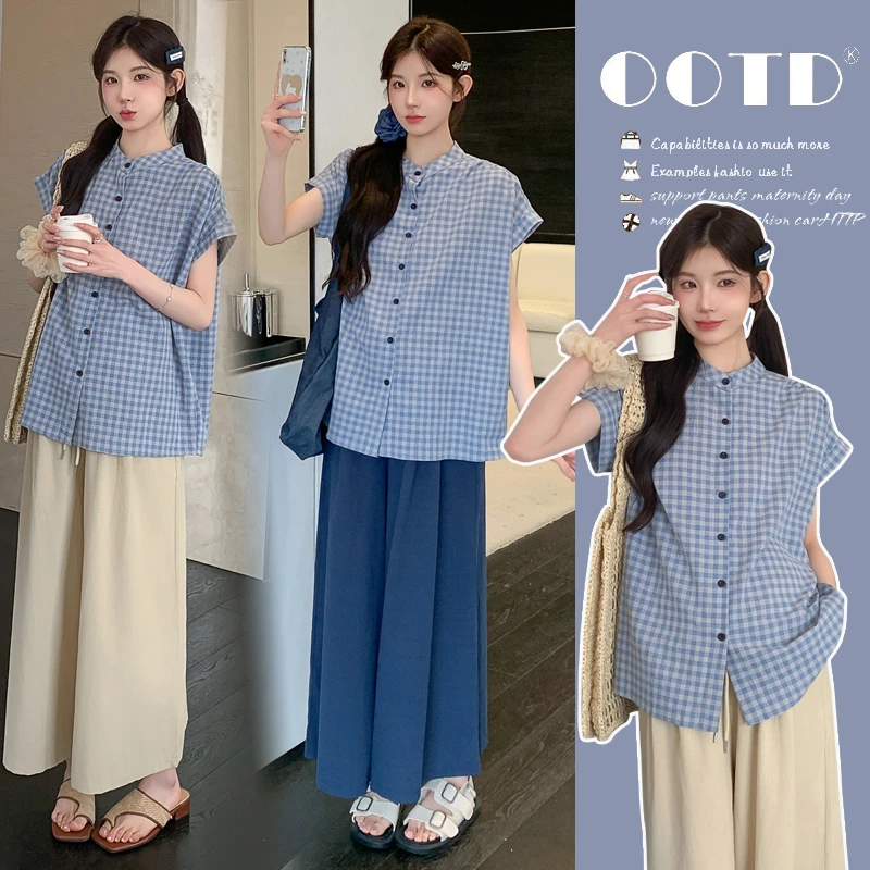 2025夏季新款孕妇复古蓝格子短袖扣子上衣衬衣时尚高级感孕妇上衣