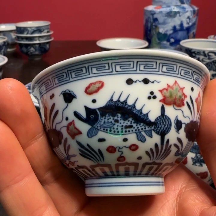 李***伟陶摆件柴窑青花釉里红鱼藻撇口瑕