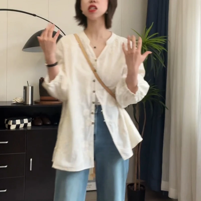 重工提花刺绣宽松衬衫女夏季韩版气质百搭七分袖衬衣LK2502608